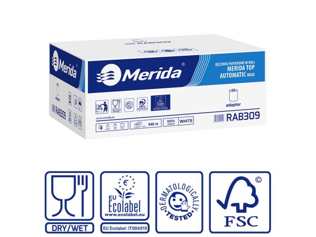 MERIDA TOP AUTOMATIC MAXI - paper towel in roll for maxi auto-cut dispenser, white, 2-ply, diameter 19 cm, 100% cellulose, 140 m (6 rolls / carton)